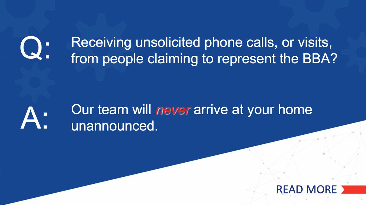 We have been made aware of instances where individuals have made unsolicited calls, claiming to represent the BBA and wanting to carry out installation inspections. 
 
Our BBA inspectors will never arrive at your home unannounced. 
 
Read more here: okt.to/VgSYm1
