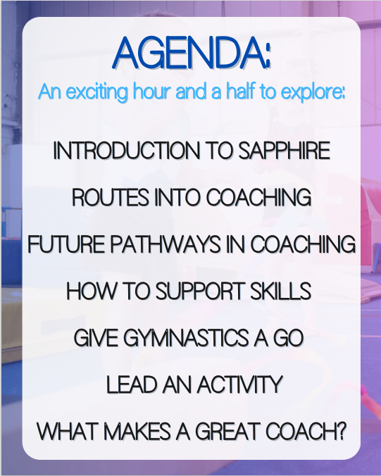 Sapphire Gymnastice are offering a 1/2 term masterclass to students on Wed 21 Feb from 2-3.30pm. It's a mix of coaching, leading some gymnastics & trying gymnastics/leading a session. The students have been sent information & need to sign up using the form they've been sent