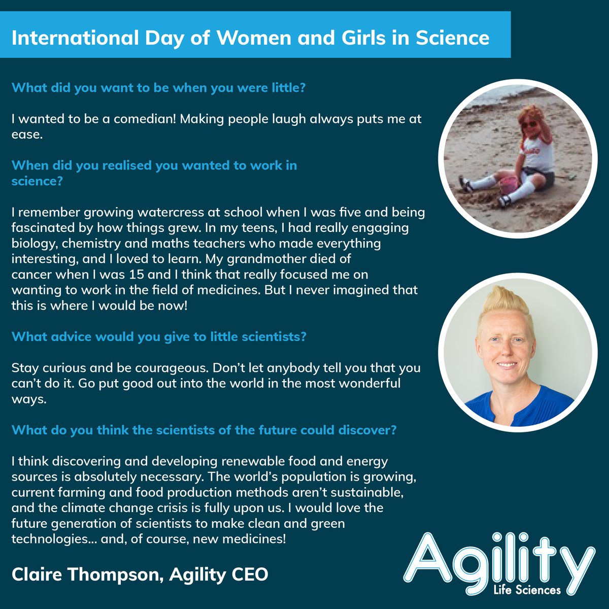 Following @WomenScienceDay on Sunday, our CEO @claire6thompson shares her journey, from growing cress at school to running her own company! Claire advises young scientists to #StayCurious and #BeCourageous and we couldn't put it better ourselves! #February11 #WomenInScience