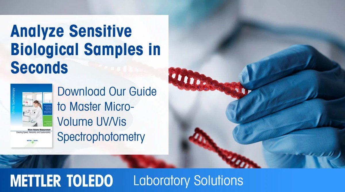 mettlertoledo's tweet image. Discover the benefits of using a micro-volume UV/Vis spectrophotometer for analyzing nucleic acids and proteins compared to a macro-volume spectrophotometer. Download our guide today! #UVVisSpectrophotometer #Microvolume #Nucleicacids #ProteinAnalysis 
okt.to/pGdCEv