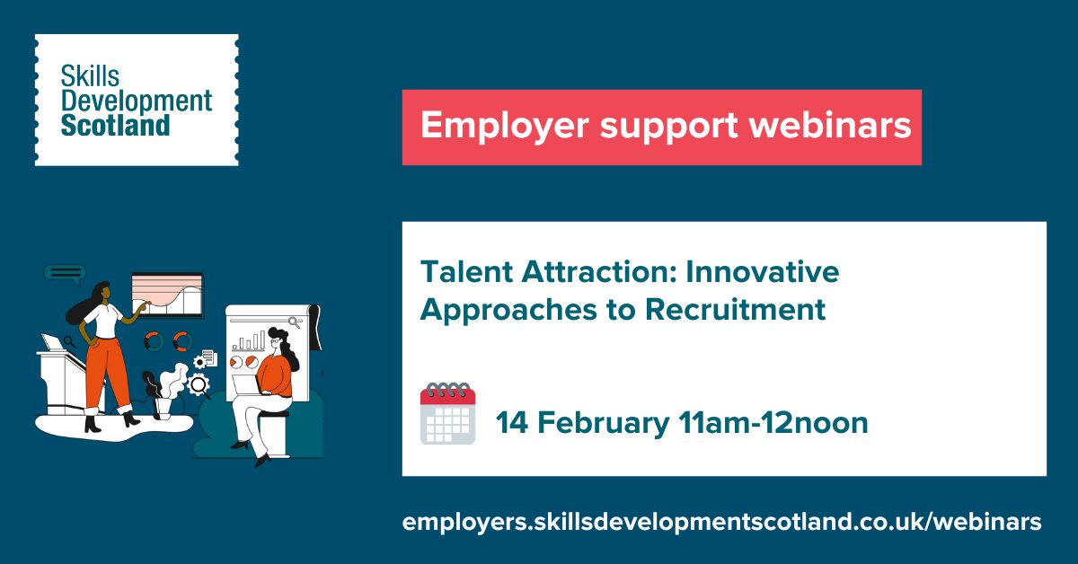 Coming Up Tomorrow! ➡️ @skillsdevscot are hosting their next webinar: Talent Attraction 🌟 Find out what makes you stand out as an employer, how to engage with your talent pipeline, & hear about innovative approaches to recruitment 💼 Sign up here: …oyers.skillsdevelopmentscotland.co.uk/webinars