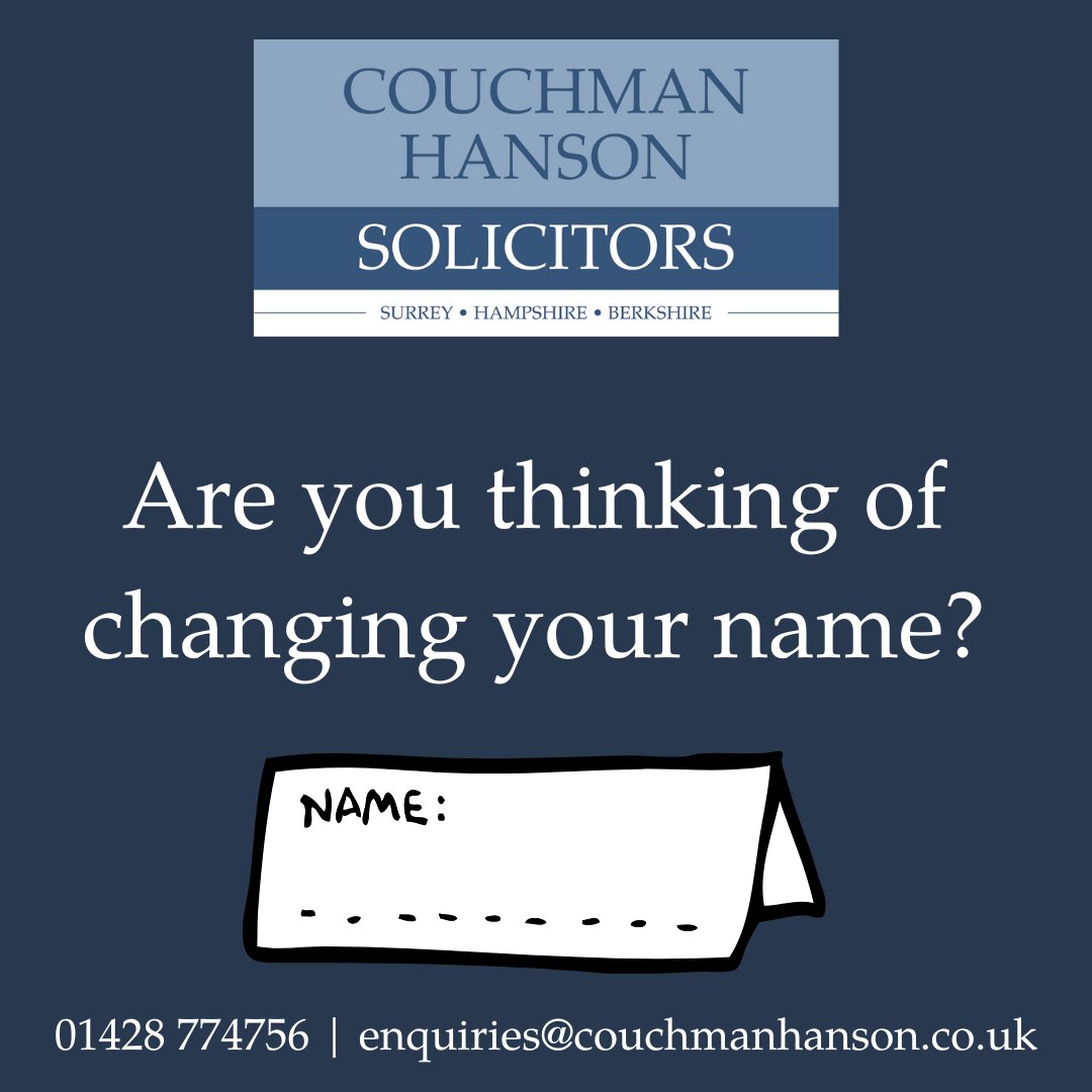 CouchmanHanson's tweet photo. Today is Get a Different Name Day!  If you are thinking of changing your name, our Family Law Team can help.  We offer a change of name service for £150 plus VAT.  
01428 774756 | enquiries@couchmanhanson.co.uk
https://t.co/gcl2cSuN07 https://t.co/0g0vVXsqiL