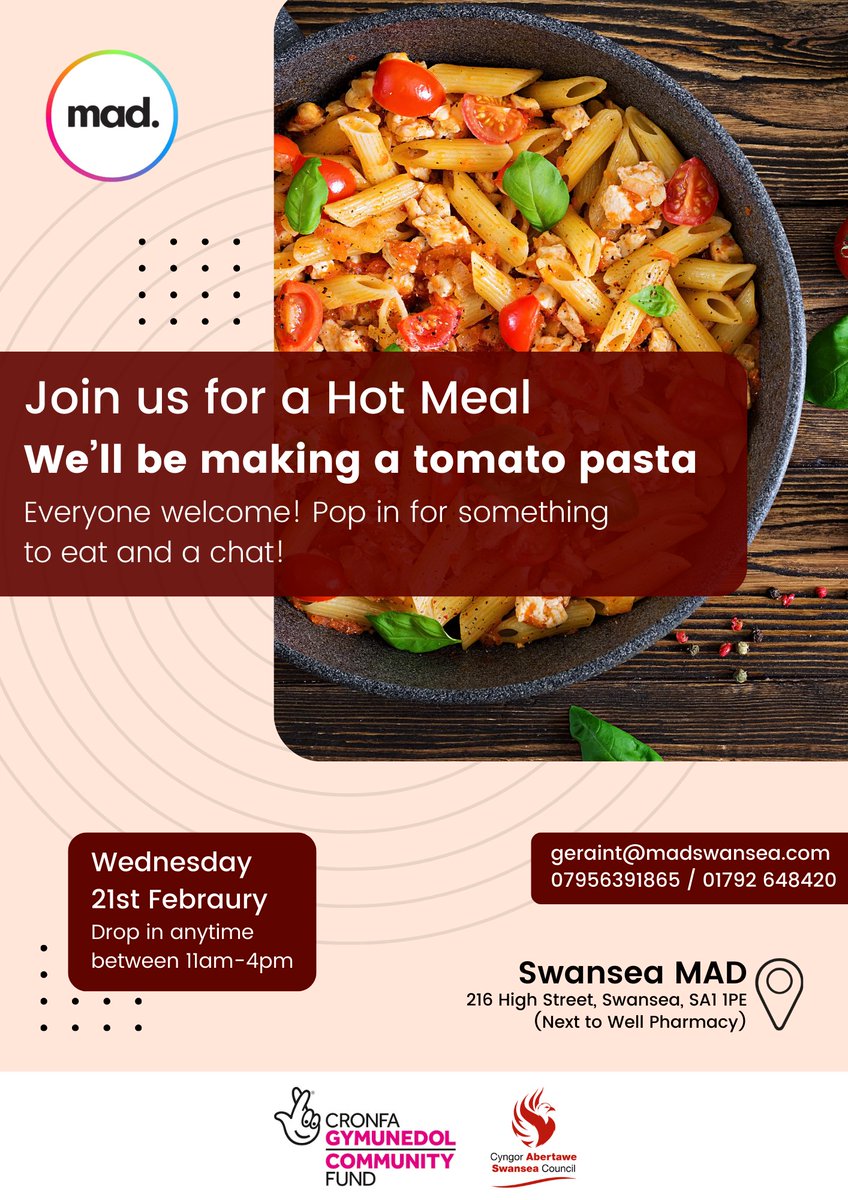 SwanseaMAD's tweet photo. Join us for a Hot Meal. We’ll be making a tomato pasta.

Pop in for something to eat and a chat. Everyone welcome! 

Wednesday 21st February. Drop in anytime between 11am - 4pm.

geraint@madswansea.com
07956391865

@SwanseaCouncil @CyngorAbertawe

#SwanseaFood #Support https://t.co/oB2Kqn3fkM