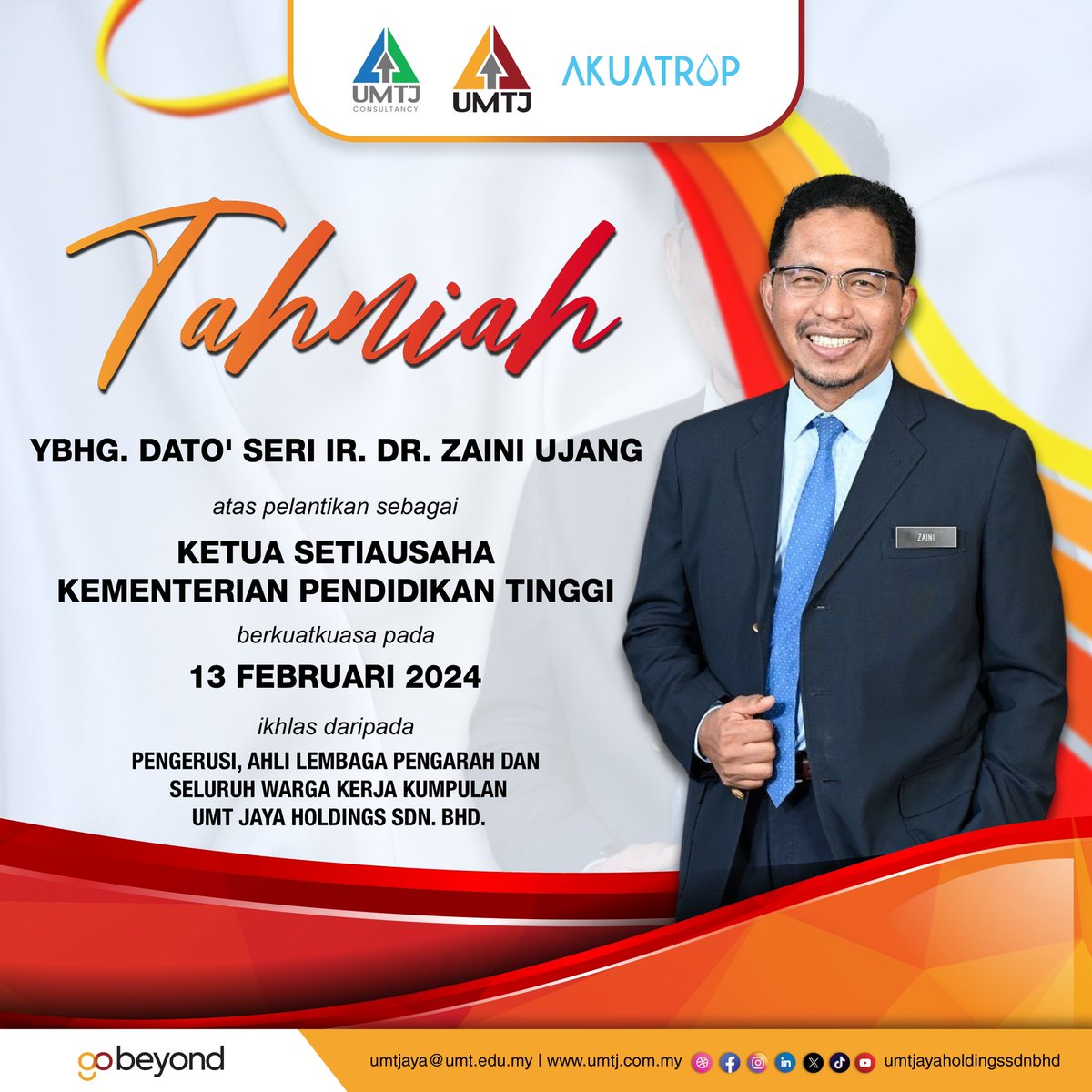 umtholdings's tweet photo. TAHNIAH!
YBhg. Dato' Seri Ir. Dr. Zaini Ujang atas pelantikan sebagai Ketua Setiausaha Kementerian Pendidikan Tinggi.
Ikhlas daripada Pengerusi, Ahli Lembaga Pengarah Dan Seluruh Warga Kerja Kumpulan UMT Jaya Holdings Sdn. Bhd.
#gobeyond #umt #umtj #umtjcs #aksb https://t.co/3K0mwbnoKI