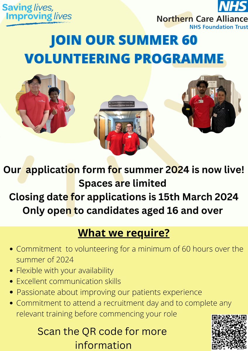 @NCA_Volunteers IT’S BACK - SUMMER 60:RELOADED!! Our @NCAlliance_NHS summer volunteering programme is offering the opportunity to volunteer in our 4 hospital sites. Spread the word 📣- places are very limited, competition will be tough and applications close on 15th March.