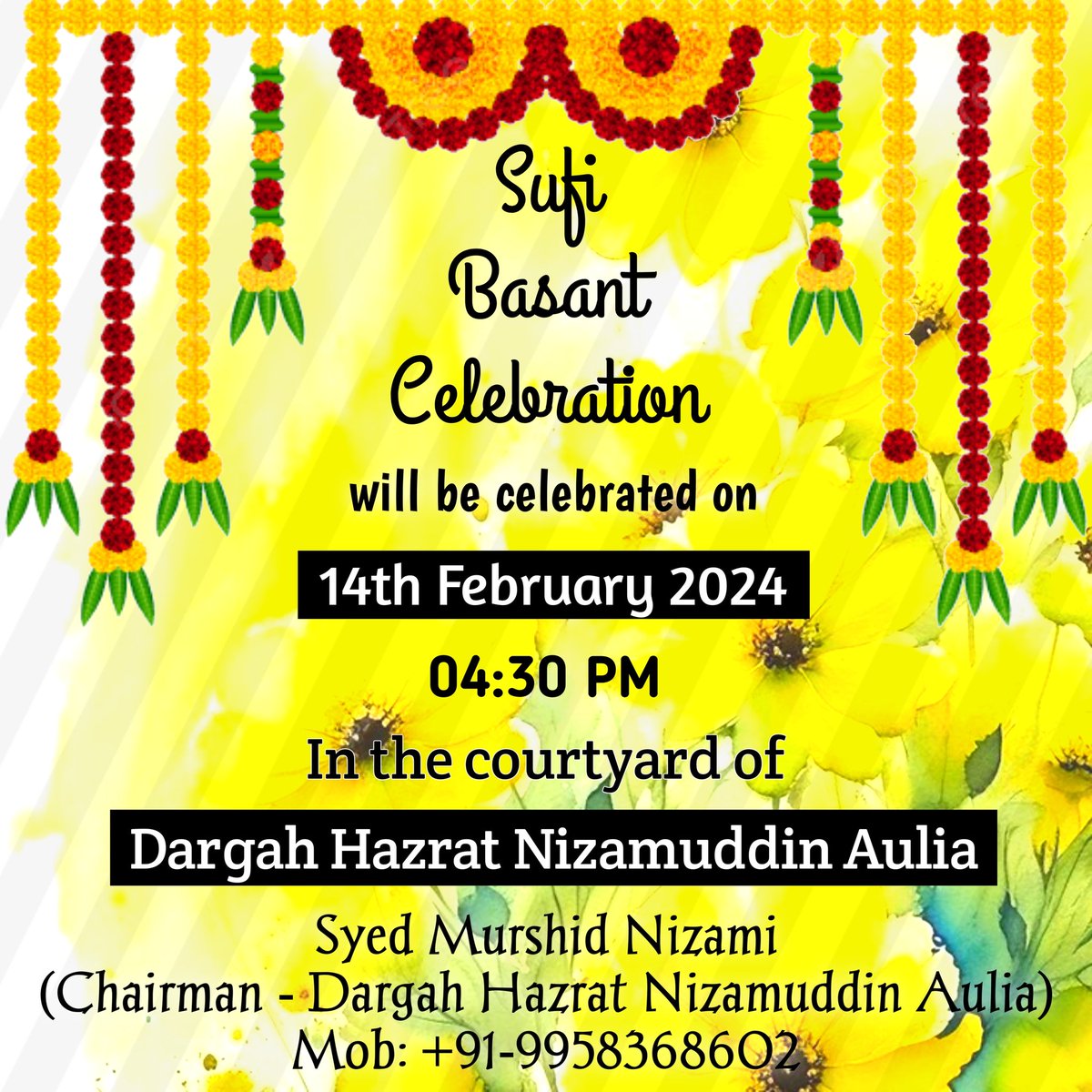 Sufi Basant Celebration will be celebrated on 14th February 2024 in the courtyard of Hazrat Nizamuddin Auliya Dargah 🌼🌻❤️

#nizamuddindargah #syedmurshidnizami #basant #qawwali #sufism #dargahsharif #delhi
