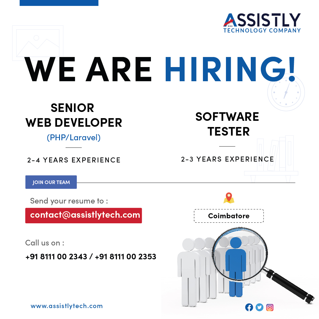 Gladxe_'s tweet photo. 🚀 Join Our Team at Assistly Tech: Senior Web Developer (PHP &amp; Laravel) and Software Tester Opportunity!

Mail: contact@assistlytech.com
Call: +91 8111 00 2343 +91 8111 00 2353 
#JobAlert #jobsearch #coimbatorejobs #assistlytech https://t.co/GKGGauGCaZ