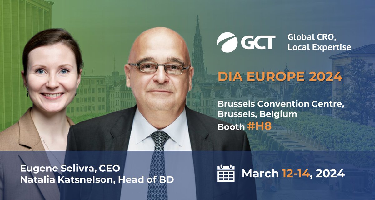 GCT will be part of #DIAEurope2024 in Brussels, March 12-14! Join us at Booth H8 for an immersive experience that promises innovation, collaboration, and the future of healthcare. #DIA2024 #GCT_MEETING #event #conference #clinicalevent #gct #gctrials #globalcro