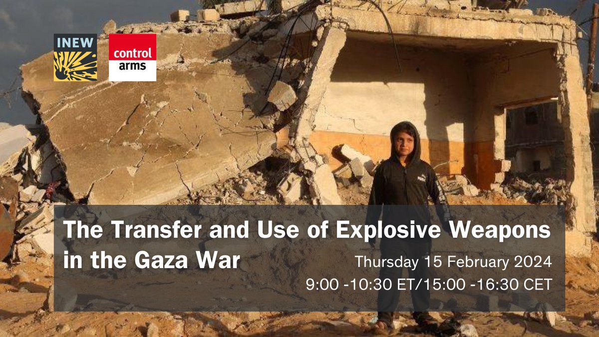 📍 The Transfer and Use of Explosive Weapons in the Gaza War Thursday, 15 February, 9:00-10:30 ET/15:00-16:30 CET Join us for an online panel discussion on the ongoing humanitarian crisis in Gaza and civilian harm from the extensive use of #EWIPA inew.org/events/the-tra…
