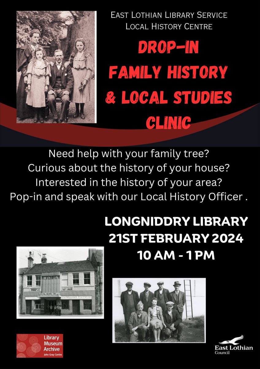 📢FAMILY & LOCAL HISTORY DROP-IN CLINIC 2: Our #LocalHistory Officer's tour of #EastLothian Library branches continues next week, Wed 21 Feb: 10:00am to 1.00pm at #Longniddry Library. Tomorrow, #Prestonpans! #LibrariesLoveHistory #CommunityEngagement