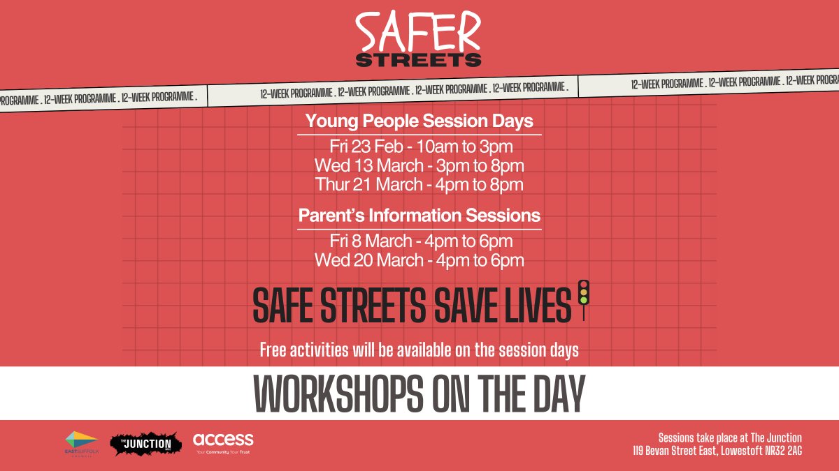 📢Join us in The Junction for workshops and parent information sessions as part of the Safer Streets 12-week programme supported by East Suffolk Council. Together, let's create safer streets🚦 #SaferStreets #CommunitySafety #WorkshopsAndInfoSessions @EastSuffolk