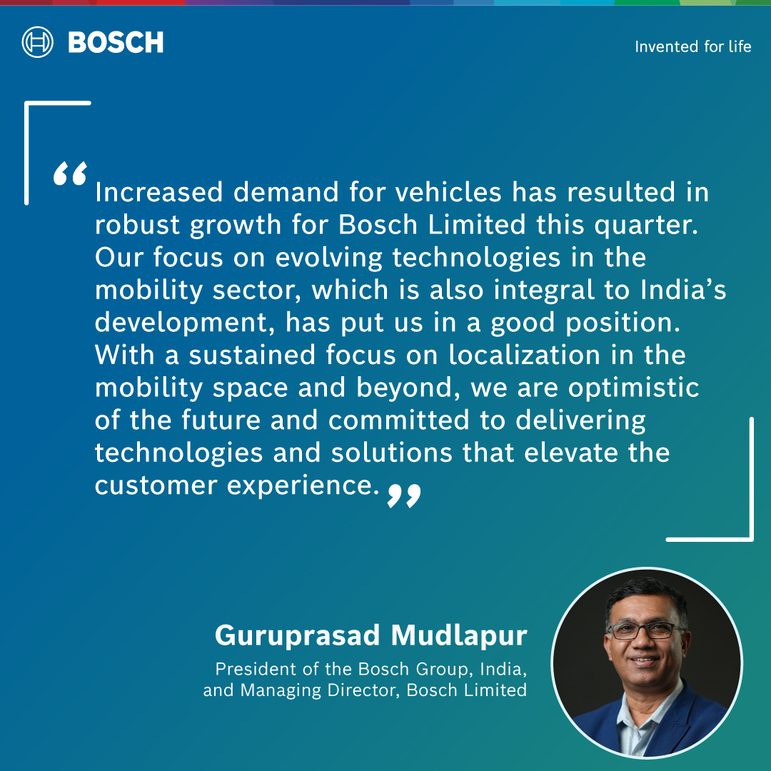 Bosch Limited registered a total revenue from operations of INR 4,205 crores (470 million euros) in Quarter 3 of FY 2023–24, an increase of 14.9% over the same quarter of last year. This growth is driven by surging demand in the overall #Automotive market. #BoschIndia #Q3Results