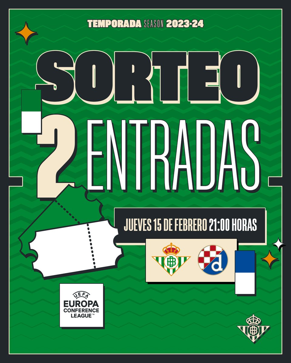 ¡ATENCIÓN! 📢

¡Sorteamos 2 entradas para el #RealBetisDinamoZagreb entre todos los que hagáis RT a esta publicación! 🔁🎫👍