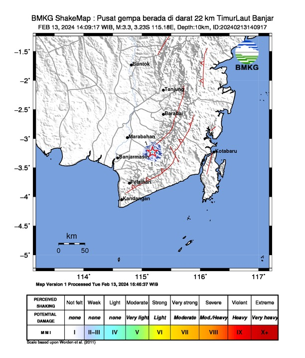 Selasa 13 Feb 2024 pukul 14:09:17 WIB Banjarmasin, diguncang gempa susulan magnitudo M3,3 Episenter terletak pada koordinat 3,23° LS ; 115,18° BT, tepatnya di darat 22 Km arah Timur Laut Banjar, Kalimantan Selatan pada kedalaman 10 km.