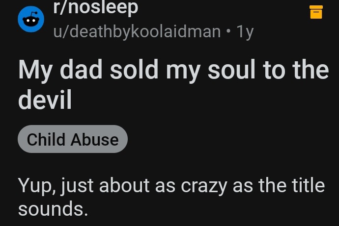 🛑 tw : child abuse 

เรื่องนี้คือที่สุดของคำว่าชายแท้มาก พ่อขายวิญญาณลูกสาวตัวเองให้ซาตาน เพื่อแลกกับการให้ตัวเองมีชีวิตอยู่ต่อไปอีก15ปี เพราะตัวเองป่วยเป็นมะเร็งจะอยู่ได้อีกไม่นาน ทุเรดทุกการกระทำ (มีต่อ)