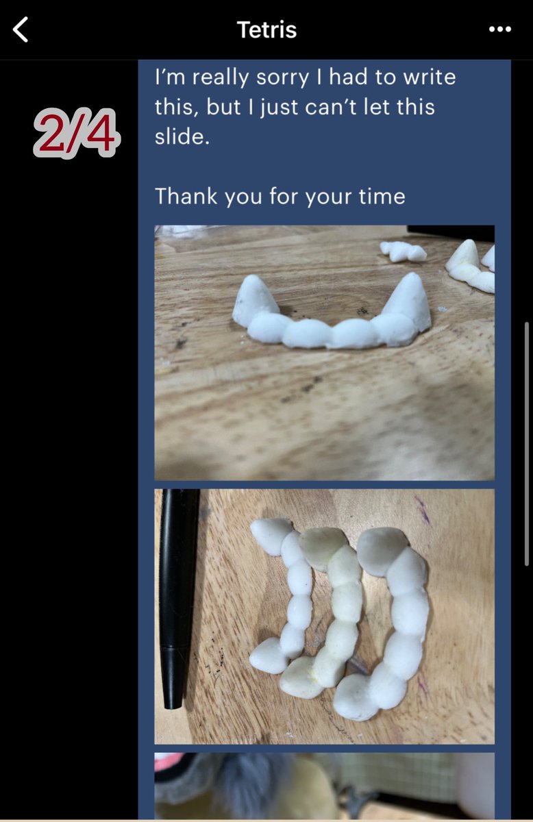 LLMCostumes's tweet photo. I’m sorry to have to do this, but after this interaction I had with this business, I feel that I should warn others looking to get fursuit parts should be aware.

I love to outsource small parts like teeth and claws. It gives me a chance to work with different products made by talented people, and I can support small businesses within our community.

I found PsychoWolfStudios on Etsy, and their listing for some really cute 3D printed sets of teeth. I bought several sets at 💲2️⃣0️⃣/each, coming to around 💲1️⃣1️⃣2️⃣

They arrived on January 29th. I didn’t need to use them right away, so I put them in my parts basket until I was ready to use them. I will admit that it was completely on me to not take them out of their bag initially to inspect them. However, I would have never expected them to look the way they did when I took them out for the first time yesterday. 

The photos don’t do them justice, but there are raw/sharp edges, gauges and dings on the canine teeth, one set is yellowed, the bottoms around the fronts are uneven, just to name a few issues. In short, I was given miscasts.

I contacted Psychowolf with my concerns privately in hopes that they would provide me with a replacement. They chose to respond, accusing me of having a “foul attitude”, along with accusing me of tampering with the product. To imply that I would order from someone just to destroy the product is absurd. Second, I can’t add filament flaws and tamper with it so much that it looks like a bad 3D printed job. They’re miscasts. It happens, but they should have been fixed or remade..
After multiple attempts to resolve this matter privately with them, I’ll now be taking this to Etsy. 
I’m writing this to warn those of you who outsource their small parts. Please don’t harass this person, but do proceed with caution. My experience with them has been less than desirable, but I do hope they can do better in the future.