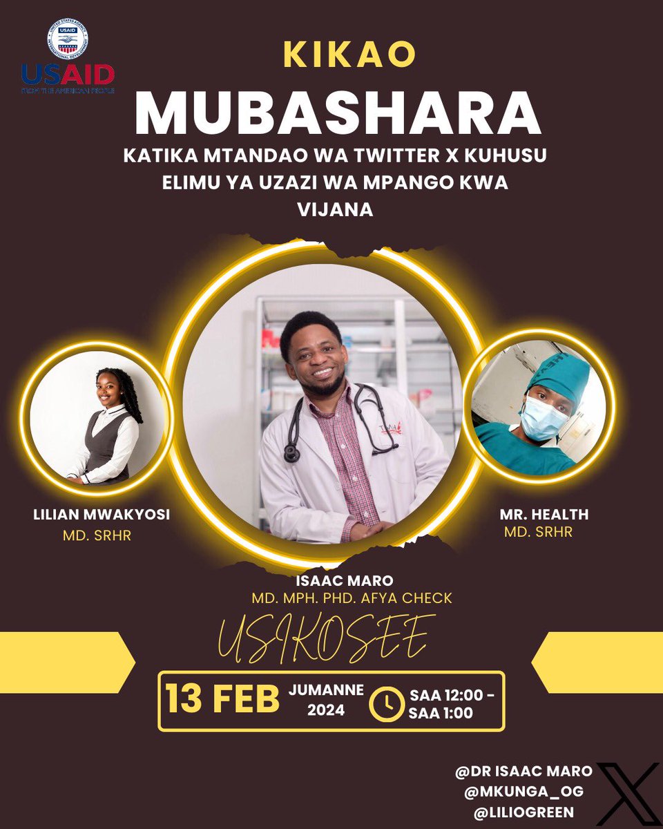 DrIsaacMaro's tweet photo. Nawakumbusha tu kuwa kikao chetu ni leo kuanzia saa 12 jioni hapa hapa X Space! Nitakuwa pamoja na @liliogreen na @Mkunga_Og na tutajadili yote yahusuyo afya ya uzazi! Hii si ya kukosa… https://t.co/3sS75A1Ct9
