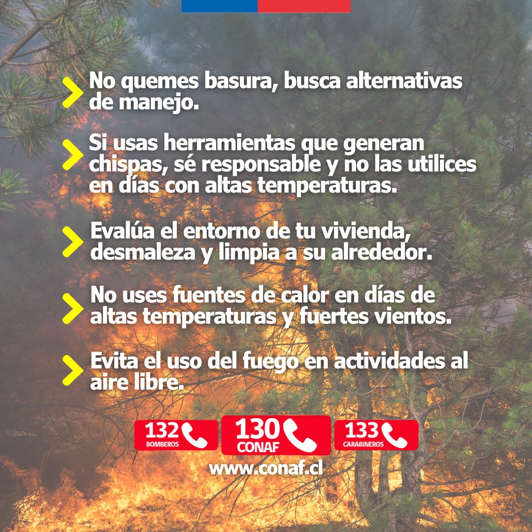 #PREVENCIÓN 

Para hoy se espera un evento de altas temperaturas en zonas entre las regiones de Valparaíso y la región de Los Ríos, de acuerdo a lo señalado por la Dirección Meteorológica de Chile <a href="/meteochile_dmc/">MeteoChile</a>
 
▶️Es responsabilidad de todas y todos prevenir los incendios.