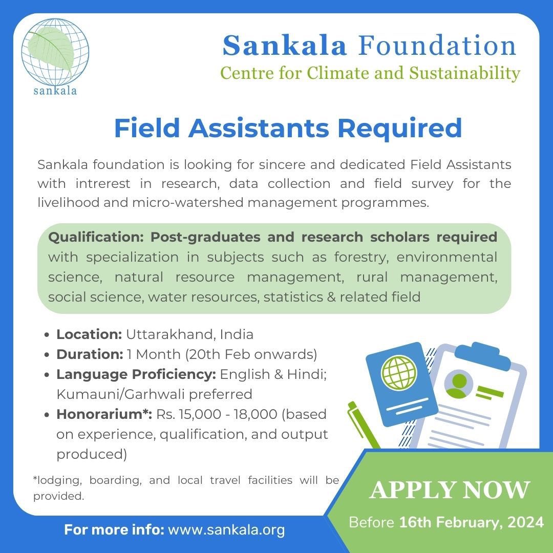Are you passionate about making a meaningful difference in the lives of rural communities? If you are a post grad or research scholar with research, data collection & field survey skills in livelihood & micro-watershed management, #applynow at Sankala. forms.gle/cP4Sw57MkJv7S1…