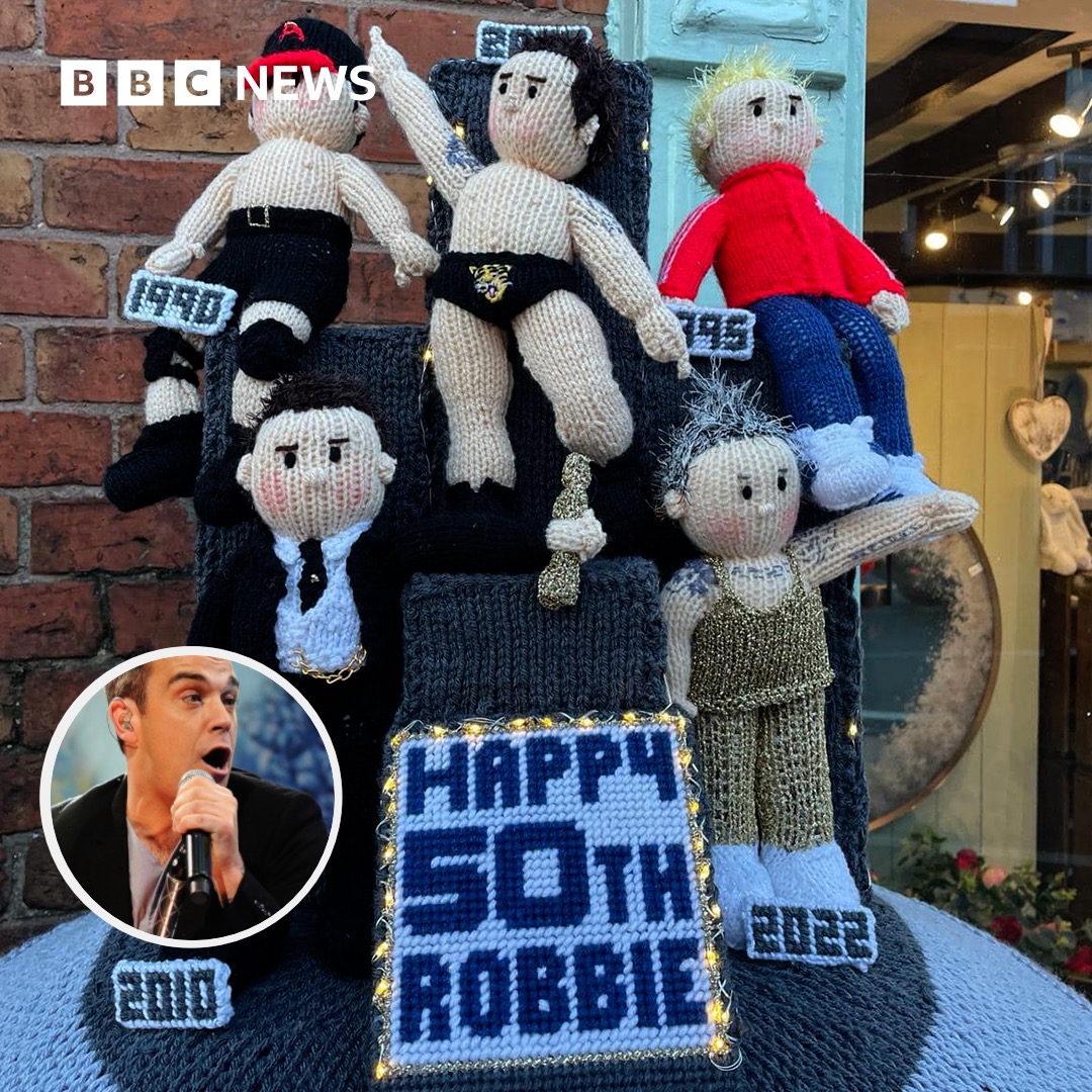 A postbox topper has been produced to mark Robbie Williams' 50th birthday.
The creator of the topper in Syston, Leicestershire, now plans to sell it to raise funds for the Dougie Mac hospice in Stoke-on-Trent, where Robbie is a patron.
Robbie@50: bbc.in/42CKcYR