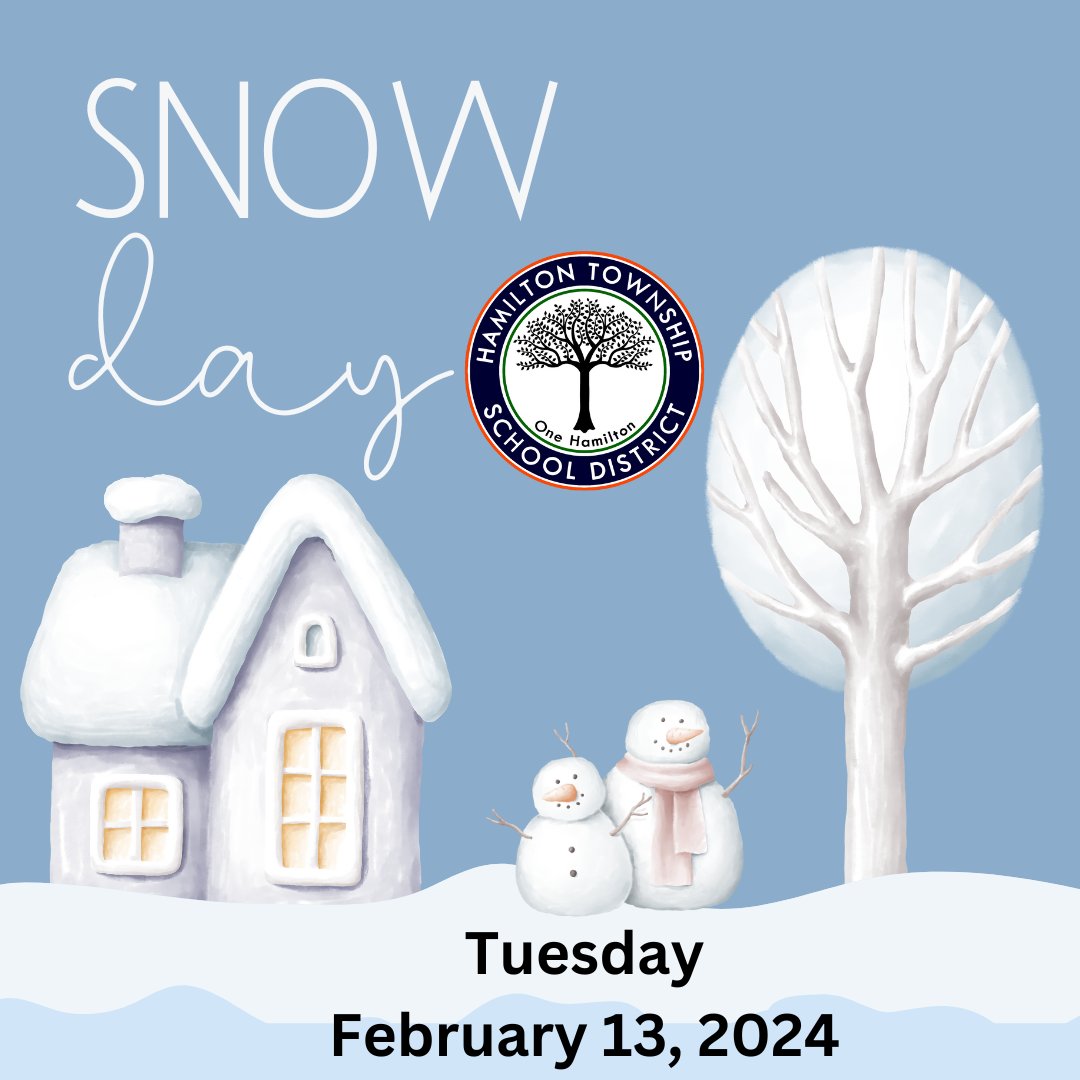 🚨 IMPORTANT MESSAGE FROM HTSD 🚨 Tuesday, February 13, 2024 Due to the forecast of snow and the timing of today's storm, all Hamilton Township Public Schools will be closed Tuesday, February 13, 2024. #HTSD @ScottRRocco @HTSDSecondary @LauraGeltch @HTSD_Tech @HTSDCurriculum