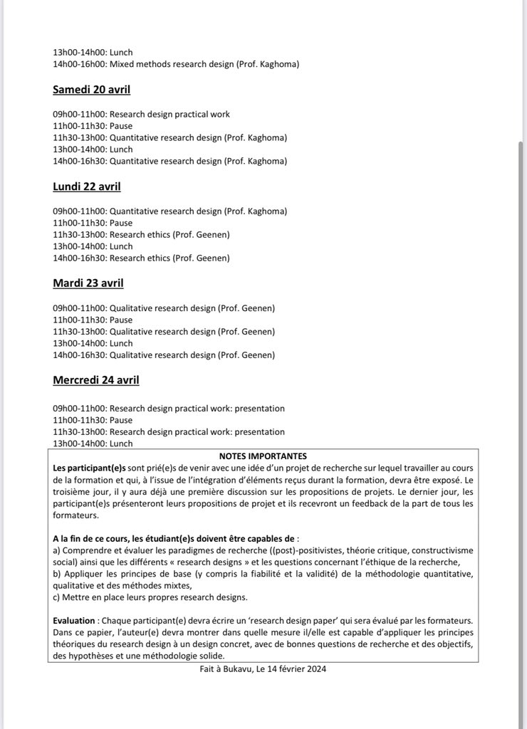CEGEMI-UCB (@cegemiucb) on Twitter photo Le <a href="/CegemiUcb/">CEGEMI-UCB</a> vient de lancer la 7e édition de la formation sur Research Design&Methodology en collaboration avec l <a href="/UAntwerpen/">UAntwerpen</a>. La formation se tiendra à Bukavu du 18 au 24 avril 2024.
Deadline: 29 fevrier 2024
Plus de details dans le document ci joint:👇 Le <a href="/CegemiUcb/">CEGEMI-UCB</a> vient de lancer la 7e édition de la formation sur Research Design&Methodology en collaboration avec l <a href="/UAntwerpen/">UAntwerpen</a>. La formation se tiendra à Bukavu du 18 au 24 avril 2024.
Deadline: 29 fevrier 2024
Plus de details dans le document ci joint:👇
