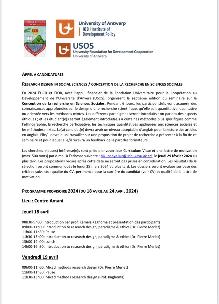 CegemiUcb's tweet image. Le @CegemiUcb vient de lancer la 7e édition de la formation sur Research Design&amp;amp;Methodology en collaboration avec l @UAntwerpen. La formation se tiendra à Bukavu du 18 au 24 avril 2024.
Deadline: 29 fevrier 2024

Plus de details dans le document ci joint:👇