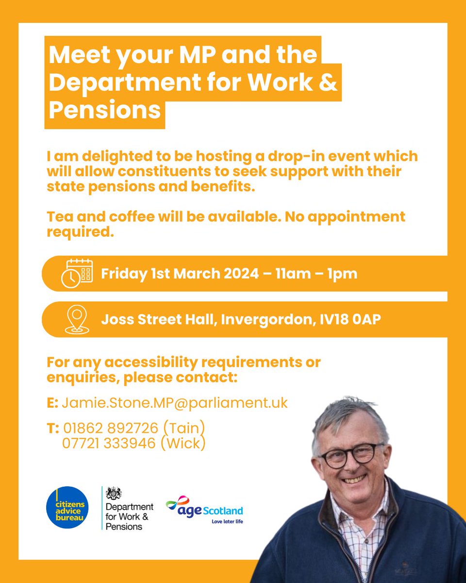 Meet your MP and the Department for Work & Pensions. I am delighted to be hosting a drop-in event to allow constituents to seek support with their state pensions and benefits. Tea and coffee will be provided. No appointment is required.