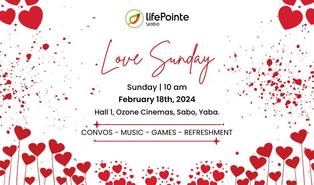 LifepointeYaba's tweet photo. This Sunday is going to be amazing💃
One of our favorite things to do is love and be loved❤️
Come with a friend,neighbor, loved ones and anyone you find along the way while heading for service.
#LifepointeYaba #LifepointeLove #JesusLovesU https://t.co/sFQKuQoCdy