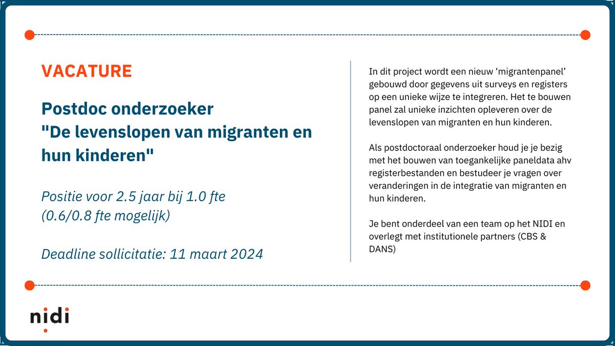 Vacature voor postdoc onderzoeker op het project "De levenslopen van migranten en hun kinderen. Meer informatie en solliciteren (deadline 11 maart): vacatures.knaw.nl/job/Den-Haag-P…
