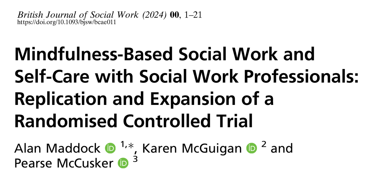 New research by @AlanMaddock1 et al shows that mindfulness-based social work & self-care reduces stress, emotional exhaustion, depersonalisation, anxiety & depression, and improves well-being of social workers. 
doi.org/10.1093/bjsw/b… 
@RCSIPsychology #RCSIdiscover