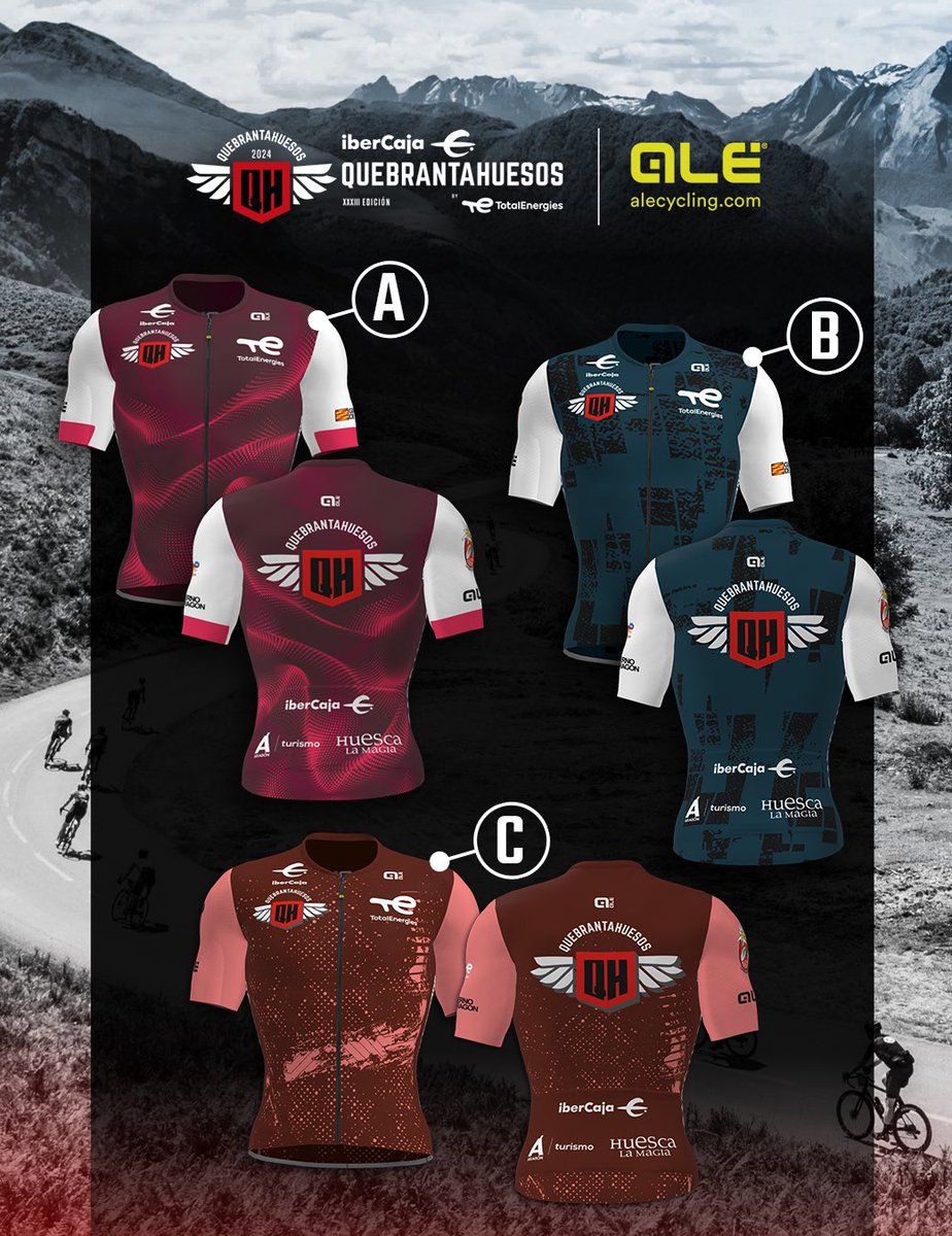 ¡Ha llegado el momento de escoger maillot! 👔 Te presentamos al detalle las tres opciones de ALE para la #Quebrantahuesos. Entre todos los inscritos, votad en nuestra web. Y si queréis, podéis dejarnos también vuestra opción favorita. #YoSoyQH #QH2024 quebrantahuesos.com/vota-por-el-ma…