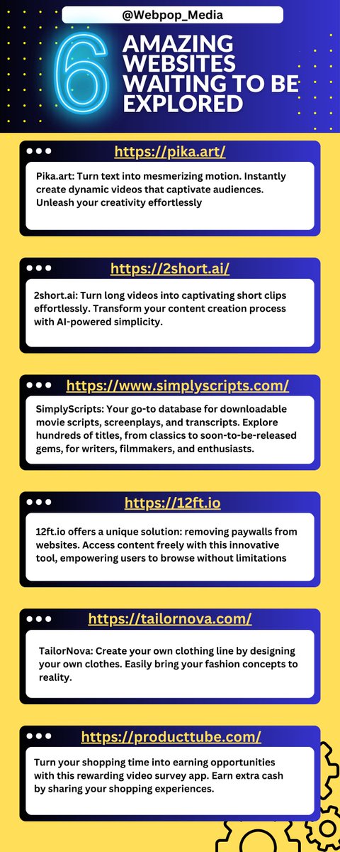 Webpop_Media's tweet image. Discover 6 incredible websites waiting for you to explore! From unique content to innovative tools, each one offers a world of possibilities. #Explore #Websites #webpop_media #simplyscripts #12ftladder #tailernova