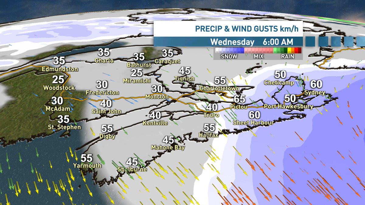 Another Nor'easter brining heavy snow to NS and high winds. PEI will feel the winds and get some snow, but NB will come out of this with less snow and wind. Heaviest of snow will fall tonight but the system moves in this AM in the west. #nsstorm #peistorm #nbstorm