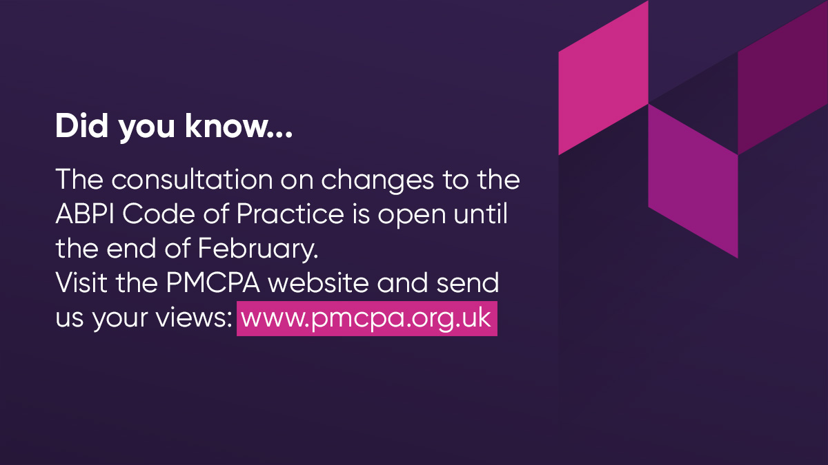 There's still time to send us your views on proposed changes to the ABPI Code of Practice. To respond to the consultation, visit the @PMCPAUK website: pmcpa.org.uk/the-code/consu…