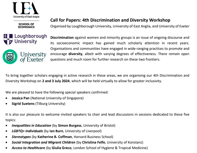 CfP! 4th (virtual) discrimination & diversity workshop, 2-3 July Great line-up of speakers, with sessions on Inequalities in education, LGBTQ+ individuals, Stereotypes, Social integration and migrant children, and Access to healthcare sites.google.com/view/dnd-works… #EconTwitter