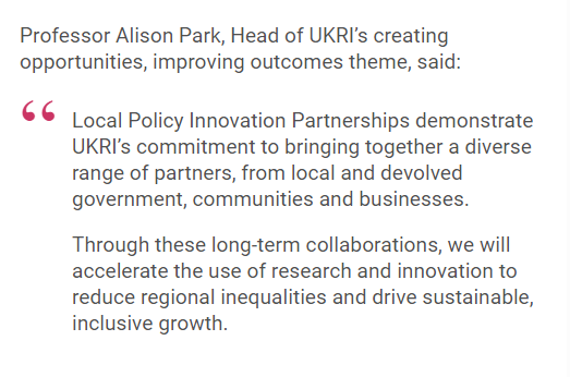 We’re investing £20m in four Local Policy Innovation Partnerships to address regional inequalities in Northern Ireland, Scotland, Wales and Yorkshire. More: orlo.uk/VJ4SG

<a href="/ahrcpress/">Arts and Humanities Research Council</a> <a href="/ESRC/">Economic and Social Research Council</a> <a href="/innovateuk/">Innovate UK</a>