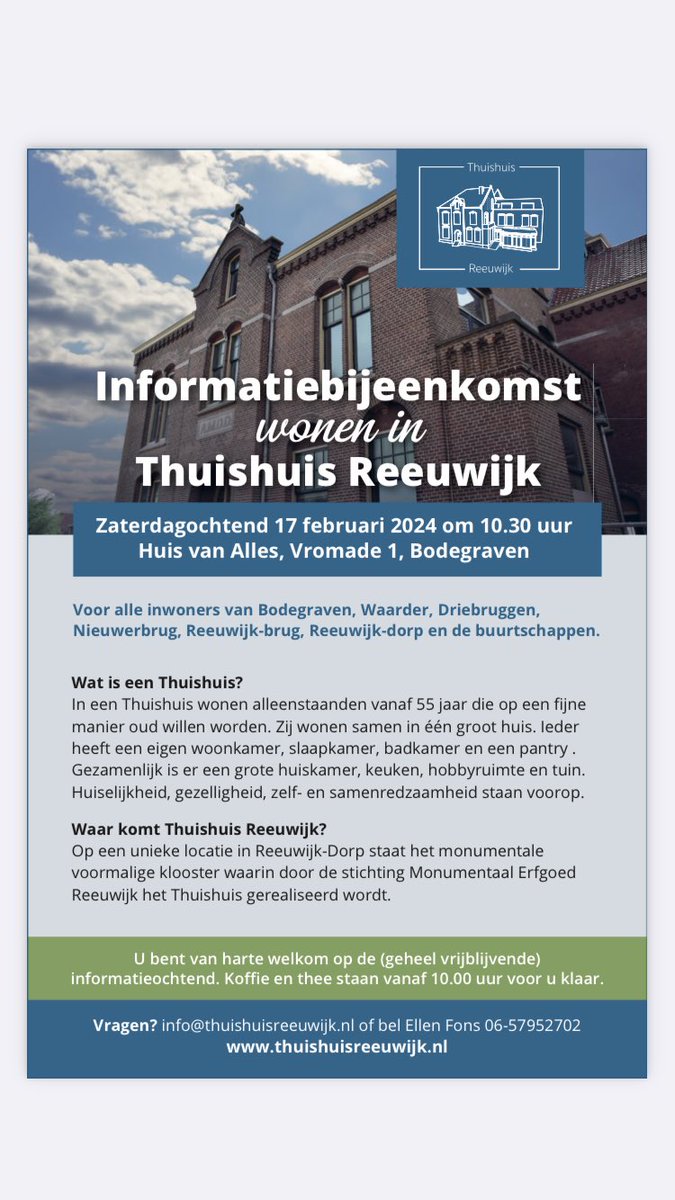 thuishuisreeuw's tweet photo. Wonen in Thuishuis Reeuwijk.
Zaterdagochtend 17 februari houden wij onze laatste informatiebijeenkomst. Deze keer zijn we in het Huis van Alles in Bodegraven (Vromade 1). Vanaf 10.00 uur is de inloop en we starten om 10.30 uur met de presentaties. https://t.co/PPxO5wIwN6