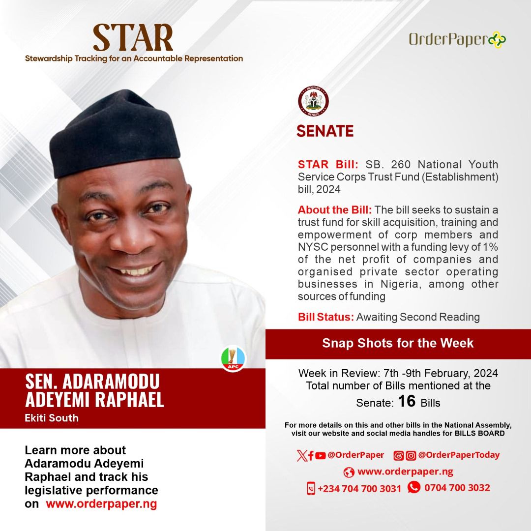 OrderPaper's tweet photo. It’s another Plenary week, what bills are your lawmakers proposing?
Out of 16 bills presented in the @NGRSenate last week, this was THE #STARBill.
Is your Lawmaker sponsoring bills that actually meet your needs?
#STARBill #Bills #NASSToday #Parliament https://t.co/yLBZvOgxaU