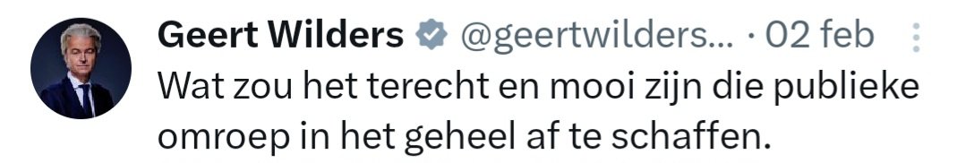 Een voorbeeld hoe onbetrouwbaar Geert #Wilders is.
Pp kwamen rond 10 januari overeen dat onafhankelijke instituten waaronder de media worden beschermd en versterkt.
En op 2 februari zinspeelt Wilders nav 't rapport vd commissie van Rijn op opheffing vd publieke omroep. #formatie