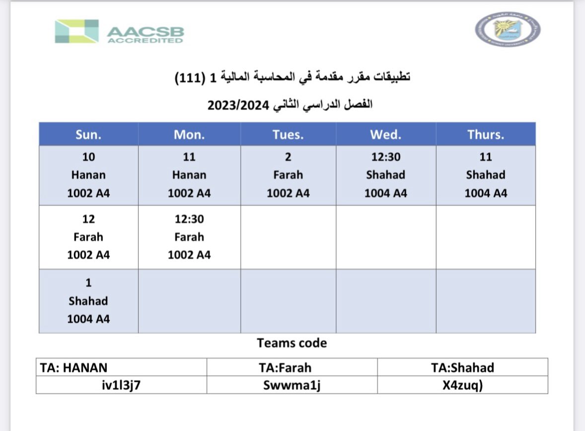 الجدول المجمع لتطبيقات  ١١١ لهذا الفصل الدراسي ، الرجاء اختيار الوقت المناسب والحضور مرة اسبوعيا .