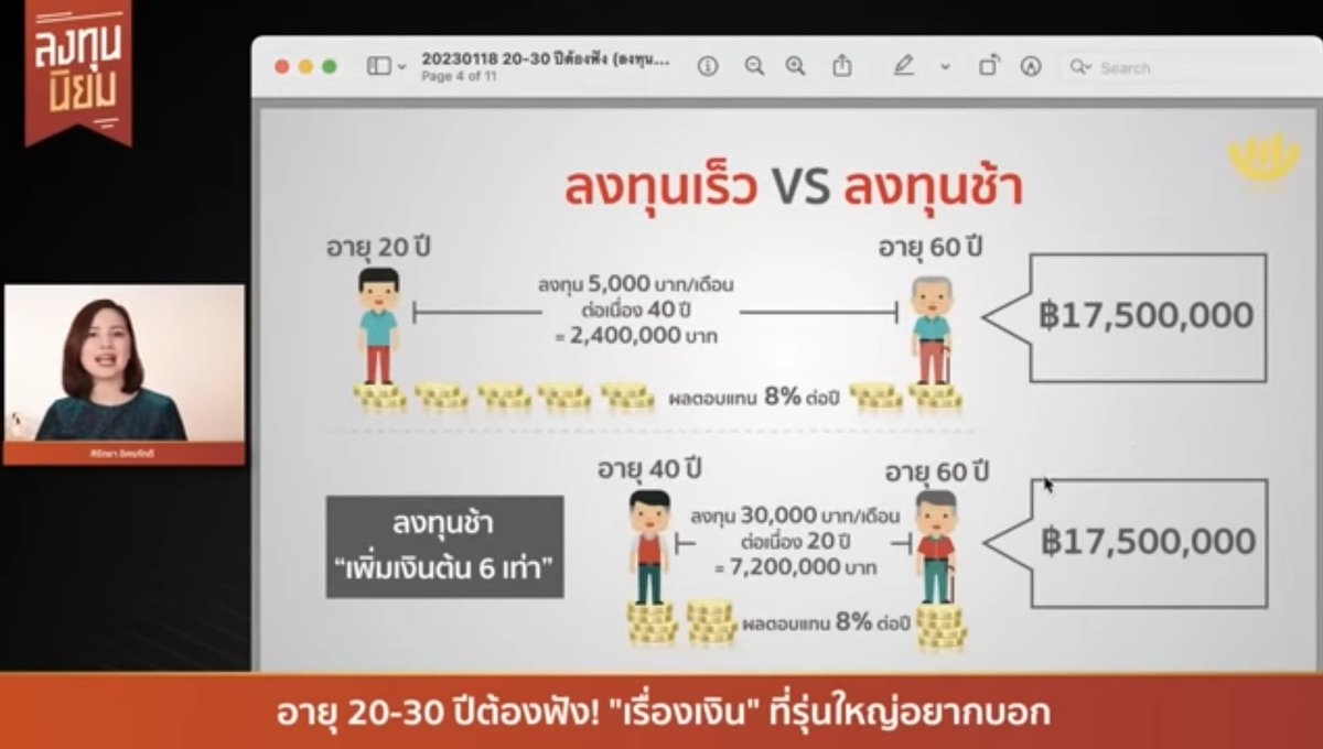 whitechickpink's tweet image. ลงทุนเร็ว VS ลงทุนช้า
(รูปจาก youtube.com/live/xnEWBvcyK…)

ในรูปแรก จะเห็น ถ้าเริ่มลงทุนเร็ว ผ่านเวลาทบต้นที่นานมากพอ ในผลตอบแทนดังรูป
จะเห็นถึงความแตกต่างตอนท้าย
(แก้ว 3 ประการ คือ เงินต้น ผลตอบแทน ระยะเวลา)

ในรูปสองจะเห็นว่าถ้าจะให้ได้เงินตอนท้ายเท่ากัน ต้องเพิ่มเงินต้นถึง 6 เท่า…