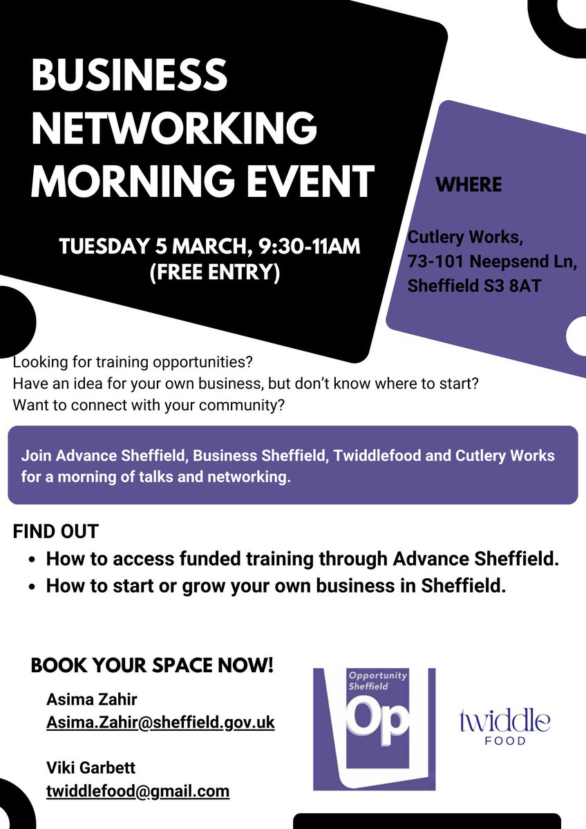 Join us, @twiddlefood & @SheffBusiness for a Business Networking Morning at @cutleryworks on Tues 5 March, 9:30–11am.

- Talk to us about training
- Find out how to grow your business
- Meet your local business community

Email Asima to RSVP: asima.zahir@sheffield.gov.uk