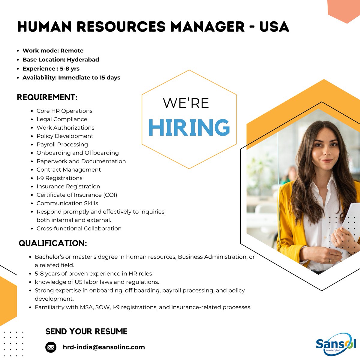 sansolinc's tweet photo. 🚀 Exciting Opportunity: US HR Manager Wanted! 🚀
📍 Location: Remote (Base Location: Hyderabad)
👨‍💼 Gender Preference: Male Applicants Only
👩‍💼 Experience: 5-8 years
📅 Availability: Immediate to 15 days

#Hiring #hrmanager #usastaffing #usajobs #hr #payrollprocessing #uspayroll https://t.co/0nfx9aZrFx