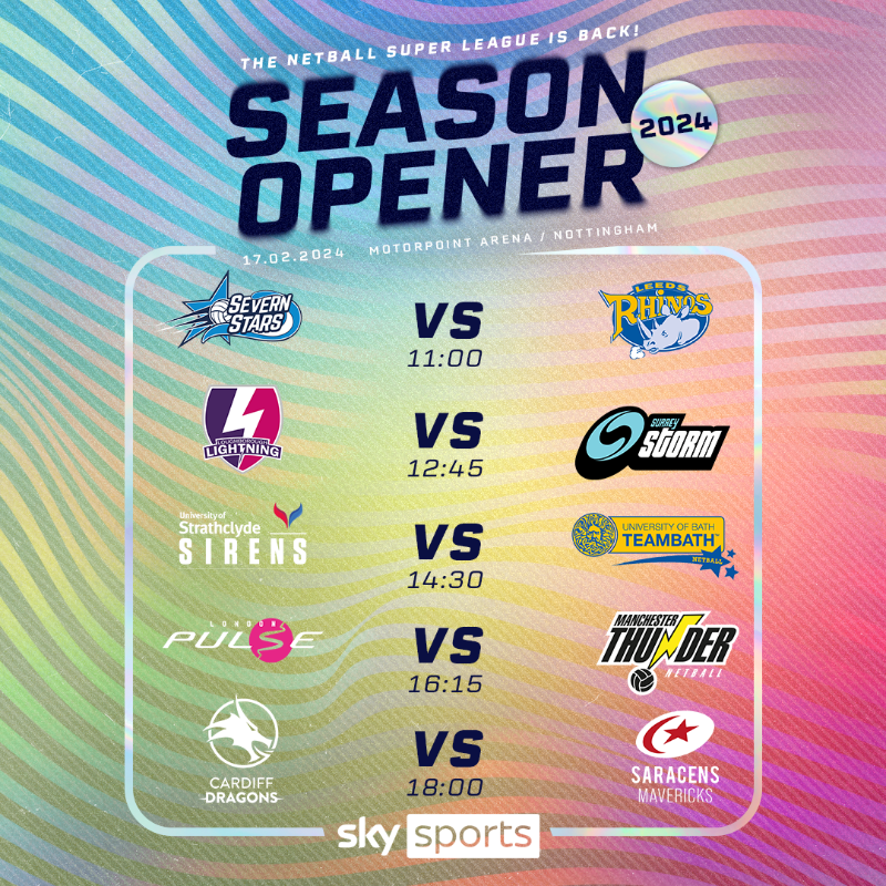 Netball Super League (@netballsl) on Twitter photo Season Opener is coming in hot! ๐ฅ
All matches will be broadcast live across <a href="/SkySports/">Sky Sports</a>, YouTube and NetballPass.
Tune in from 10.30am with the first centre pass at 11am โฐ Season Opener is coming in hot! ๐ฅ
All matches will be broadcast live across <a href="/SkySports/">Sky Sports</a>, YouTube and NetballPass.
Tune in from 10.30am with the first centre pass at 11am โฐ