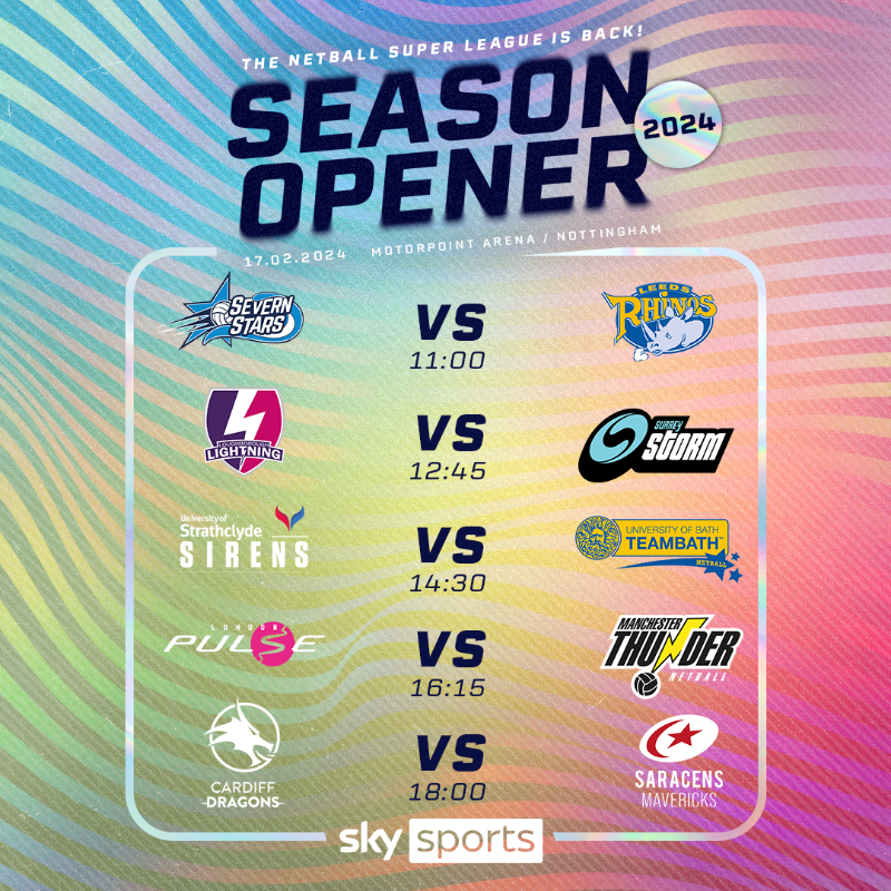 Season Opener is coming in hot! 🔥 All matches will be broadcast live across @SkySports, YouTube and NetballPass. Tune in from 10.30am with the first centre pass at 11am ⏰