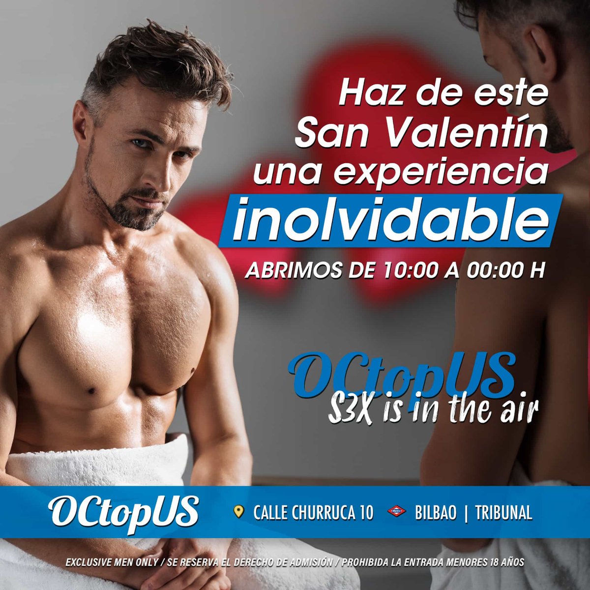 Sauna_Octopus's tweet photo. Haz de este #SanValentín una experiencia inolvidable...
Abrimos de 10:00 a 00:00 h
#saunaoctopus 𝐒𝟑𝐗 𝐈𝐒 𝐈𝐍 𝐓𝐇𝐄 𝐀𝐈𝐑 💦🐻
--
📍 𝗖𝗮𝗹𝗹𝗲 𝗖𝗵𝘂𝗿𝗿𝘂𝗰𝗮 𝟭𝟬 𝗠𝗮𝗱𝗿𝗶𝗱 https://t.co/YMh028h5Ck