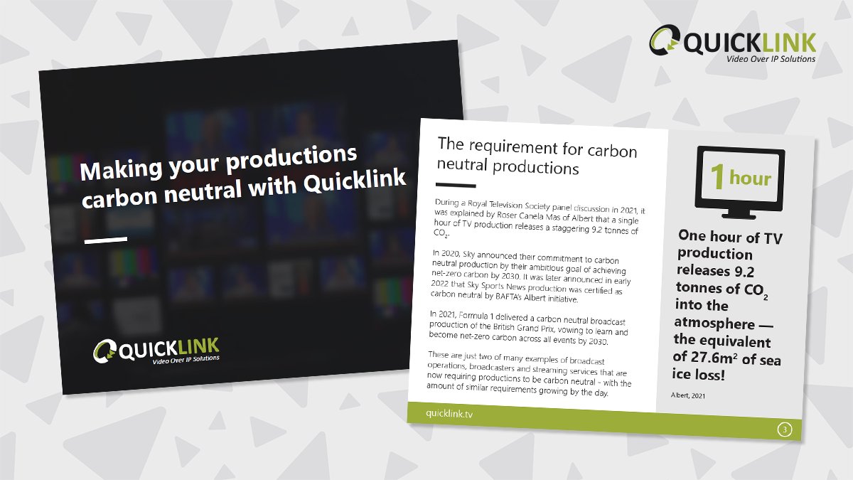 #DidYouKnow a single hour of TV production releases 9.2 tonnes of hashtag#CO2 into the atmosphere - the equivalent of 27.6m2 of sea ice loss! Download our eBook to find out how Quicklink can help make your productions carbon neutral 👇 ➡️ bit.ly/3gOdDAg #tvproduction