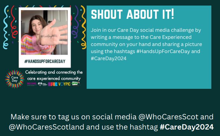 Friday 16th Feb is CARE DAY 2024 🎉🎉 Let's all shout about it!! Join the challenge by writing a message to our care experienced community on your hand and sharing on Friday Sharing is caring 🙌🙌 #HandsUpForCareDay @whocaresscot @inverclyde @InverclydeHSCP
