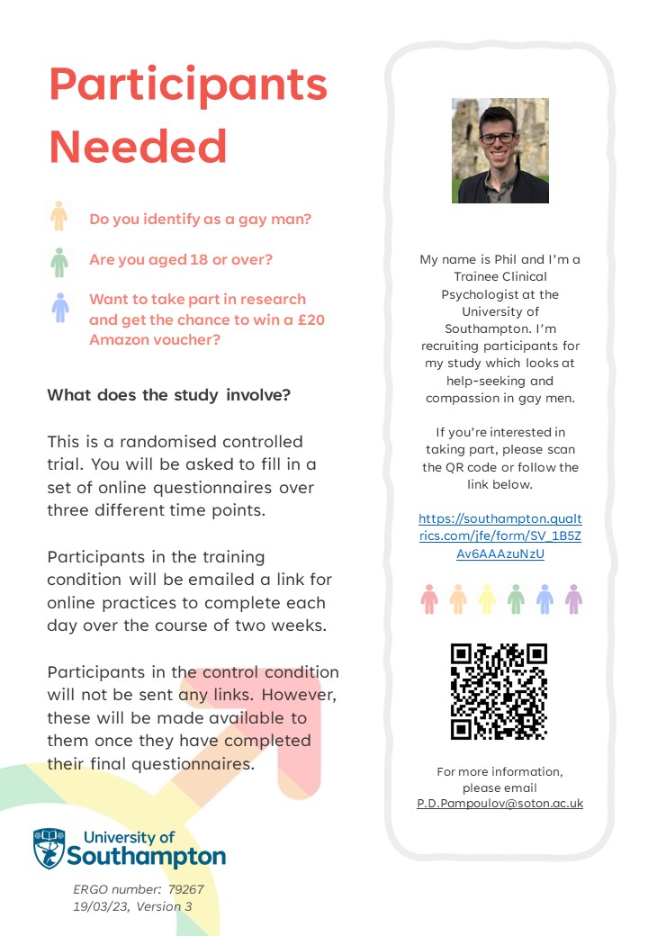 📢 I still need more participants for my study which looks at compassion and help-seeking in gay men. If you want to take part and get the chance to win an Amazon voucher, click on the link below or scan the QR code 🏳️‍🌈 southampton.qualtrics.com/jfe/form/SV_1B… #dclinpsy #research #gaymen #LGBTQ